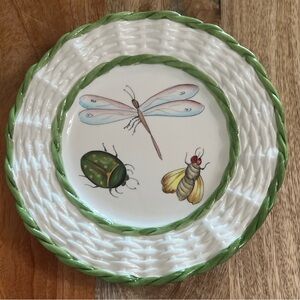 (2) Mariposa Green and White Bug Dinnerware Plates 12” round